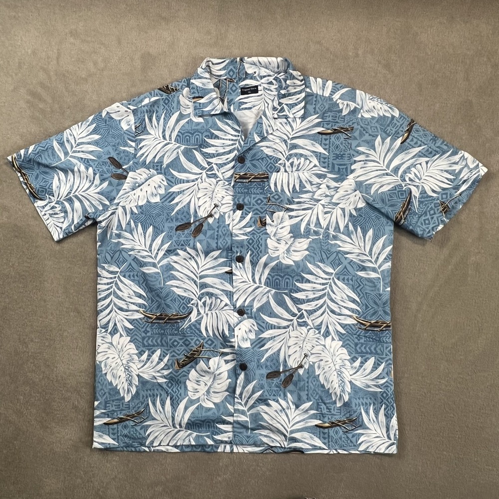 Tropical Storm XL Hawaiian Shirt Blue White Palm Leaf Canoe Tropical Beachwear